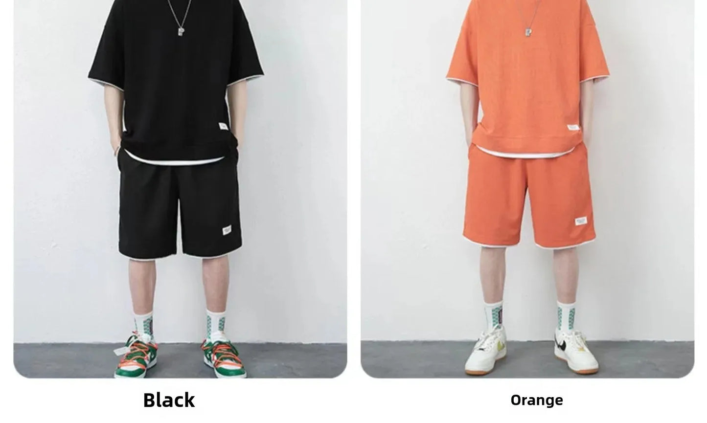 Casual Summer Sports Wear Loose-Fit Men's Suit Korean Trendy Short Sleeves T-shirt 2-Piece Set Lightweight Fashionable Streetwea