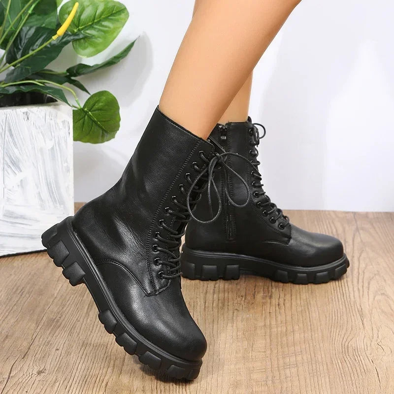 Boots Women 2024 Autumn Winter PU Leather White Ankle Boots Motorcycle Botines Female Chunky Heels Platform Boots Botas Mujer