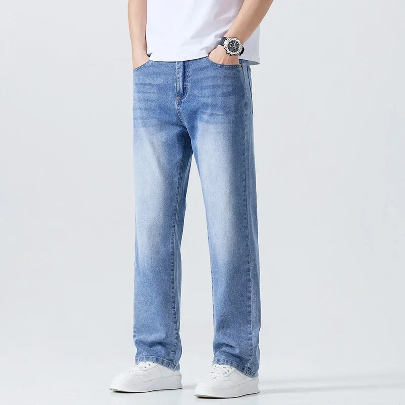 Summer Thin Straight Jeans Men's Clothing Soft Breathable Trousers Male Brand Comfortable Business Loose Denim Pants