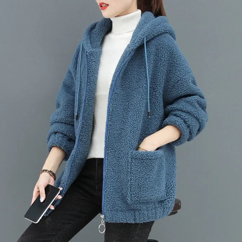 Lamb Velvet Hoodie Women's Thickened Fleece Teddy Velvet Loose Autumn Winter Korean Style Zipper Cardigan 082