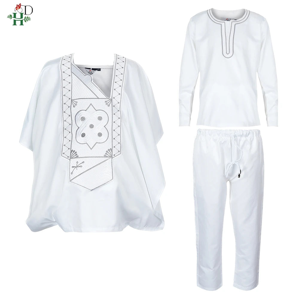 H&D 2025 African Tradition Clothes For Kids Boys White Blue Long Sleeve Tops Embroidery Dashiki Robe Shirt Pant Child Set 3 PCS