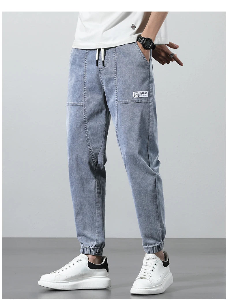 2025 Spring Summer Jeans Men Cotton Thin Beam Feet Harem Pants Elastic Drawstring Waist Light blue Joggers Trousers Male 28-38