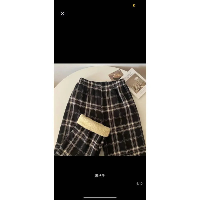 High Waist Straight Leg Pants Women's Autumn Winter Thickened Fleece Lamb Velvet Plaid Pants Loose Wide Leg Casual Trousers