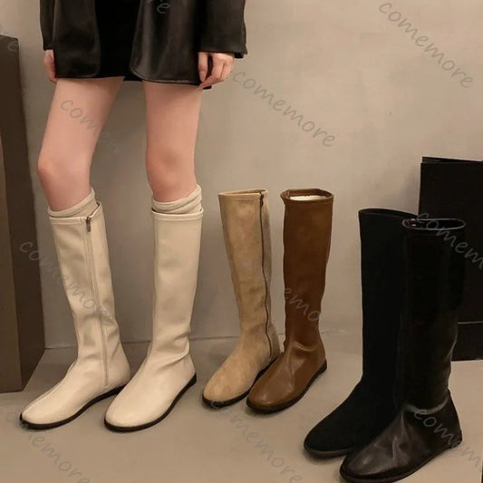 Comemore Long Boots Women's Shoes 2025 New Autumn and Winter Solid Color Botas Flat Bottom Round Head Knee High Boots for Women