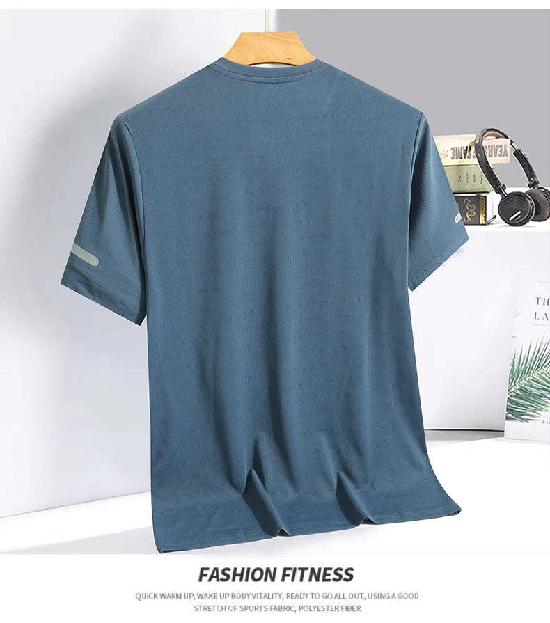 Men Running T-shirt Breathable Stretch Summer Top Gym Fitness Running Thin Short Sleeve Sportswear M-5XL Gray Blue Black White