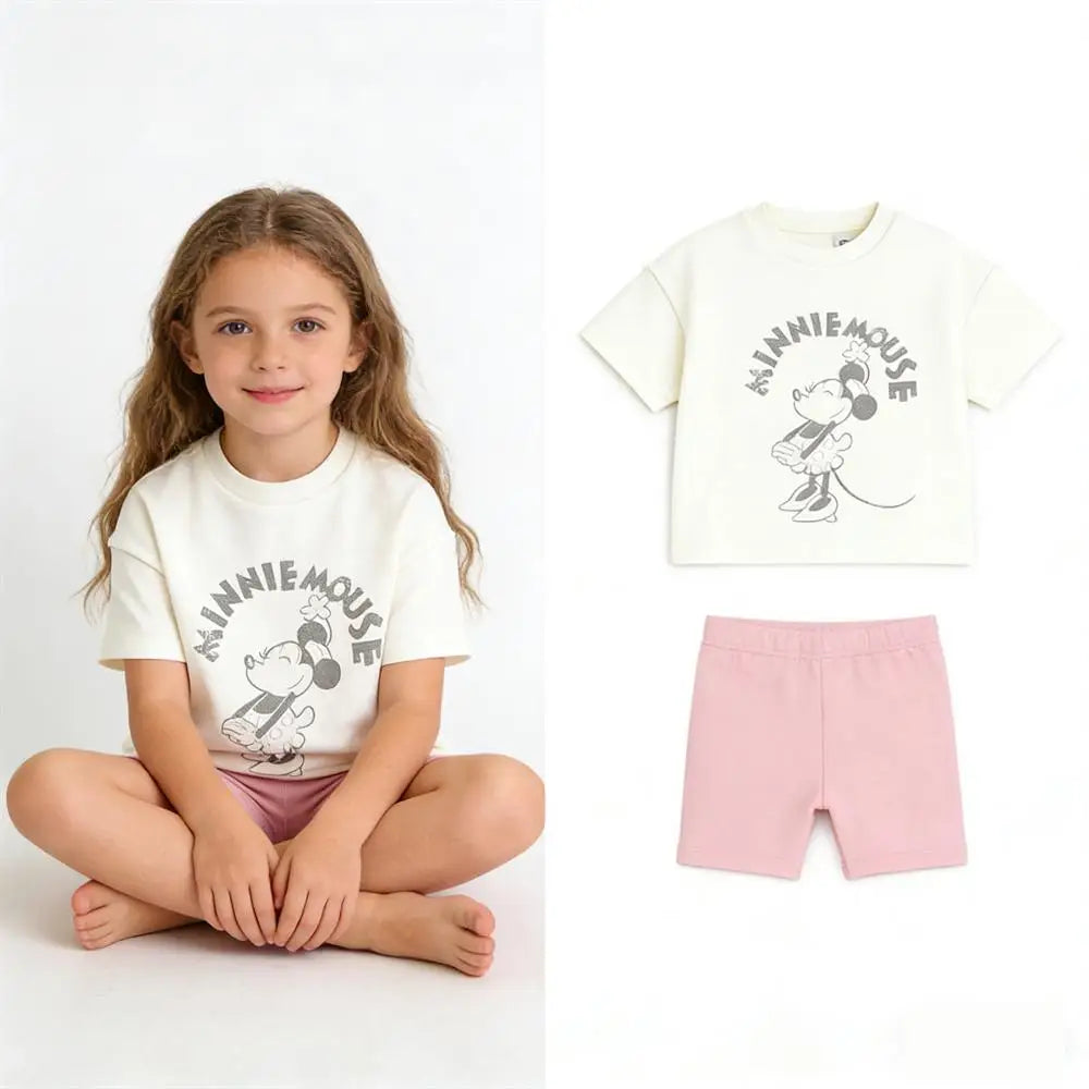 New Short Sleeve Shorts Outfits Girls Summer Clothing Cartoon Printed Tshirt+Shorts Toddler Thin Lovely Tees +Shorts Two Piece