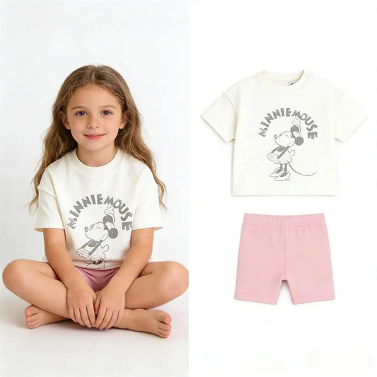New Short Sleeve Shorts Outfits Girls Summer Clothing Cartoon Printed Tshirt+Shorts Toddler Thin Lovely Tees +Shorts Two Piece