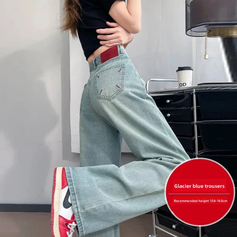 High Waist Loose Fit Short Women's Jeans Straight Leg Wide Leg Denim Pants Summer New Style Embroidery Iceberg Hot Sale Of The S