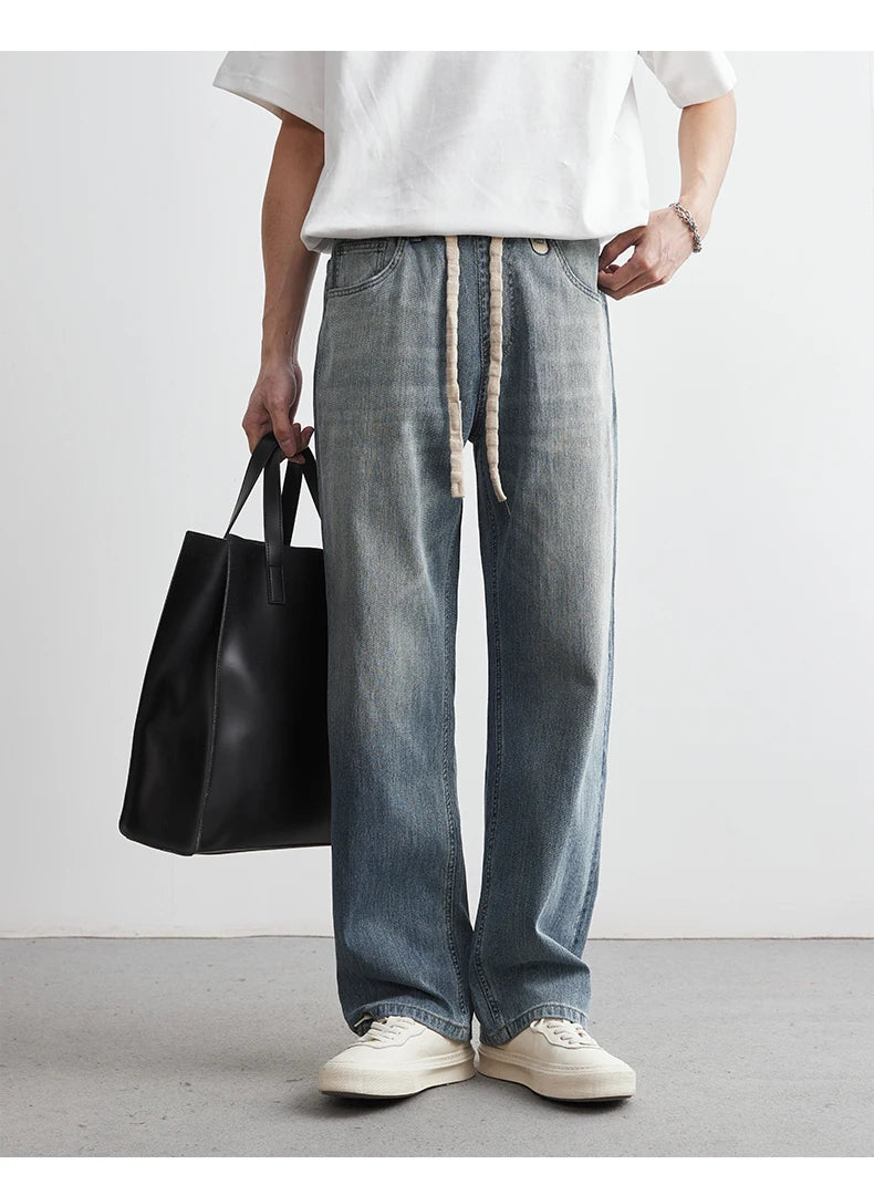 Men's Japanese Retro Jeans 2025 Summer New Fashion Personality Straight Elastic Waist Straight Jeans Loose Casual Jeans Pants