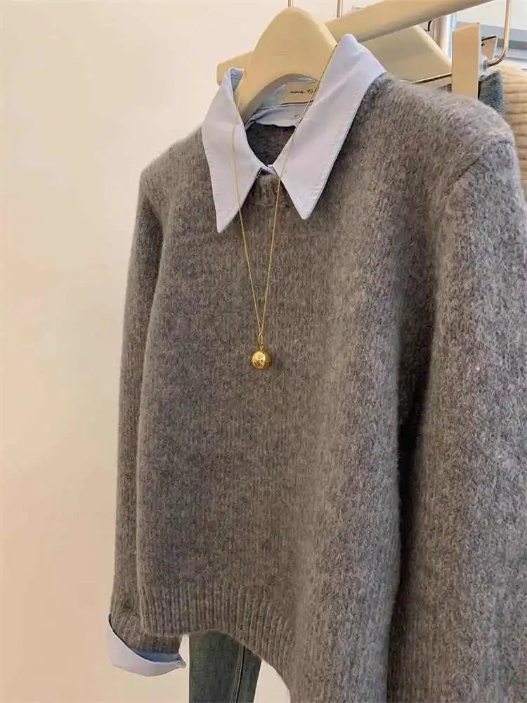 Gray Fake Two-piece Spliced Shirt Collar Sweater 2024 New Autumn/Winter Women's Lazy Style Loose Base Sweater Office Knitted Top