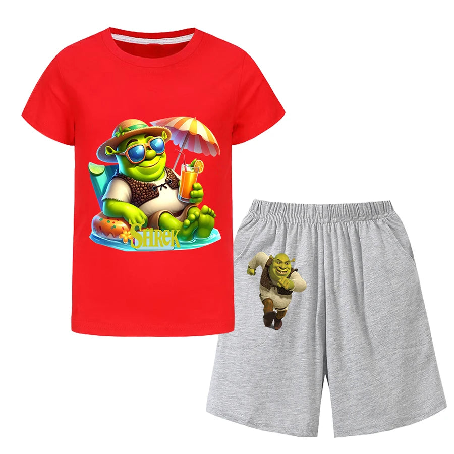 Shrek Child Tracksuit Blouse Short Sleeve Family Matching Clothes Sets for Baby Set for Children From 6 To 12 Years Old Summer