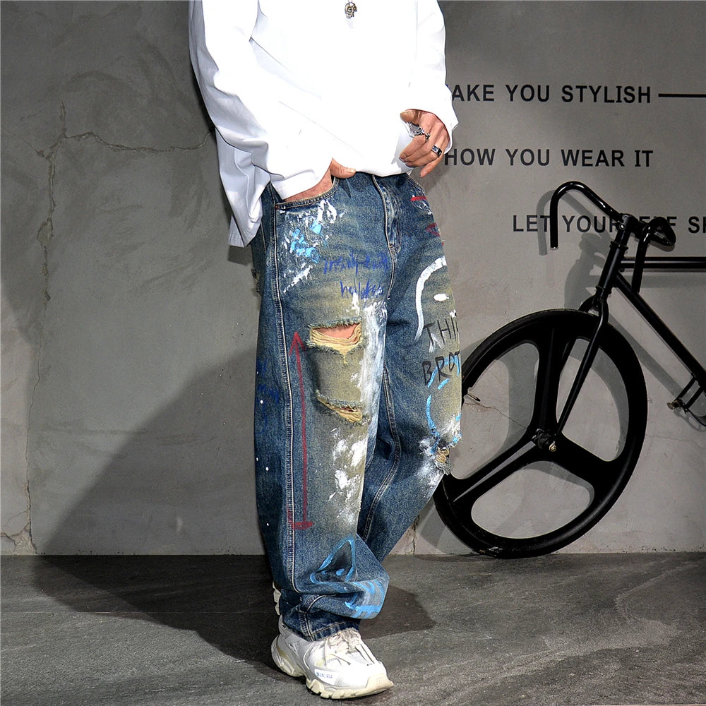 High End Men'S Clothing Hip Hop Graffiti Baggy Jeans For Men Streetwear Skateboard Ripped Jeans Korean Trendy Denim Trousers