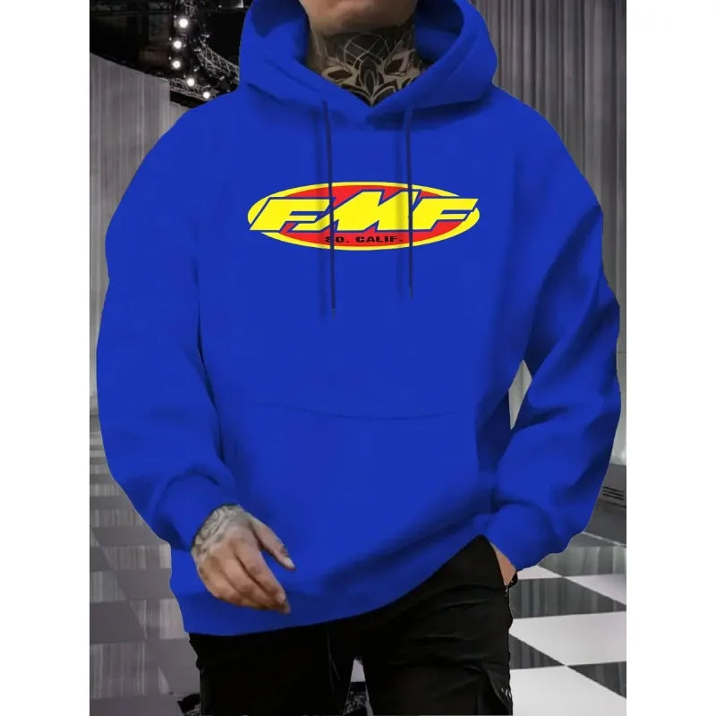 [Bold Graphic Hoodie] Warm Fleece-Lined Hoodie | Men's Casual Pullover with Bold "FMF" Print - Black with Yellow & Red Design