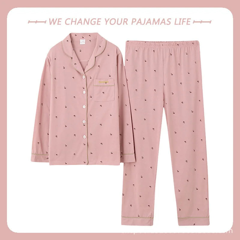 Ladies 100% Pure Cotton Long Sleeve Spring Autumn Lightweight Full Cotton Set Cardigan Sleepwear for Middle-Aged Mothers