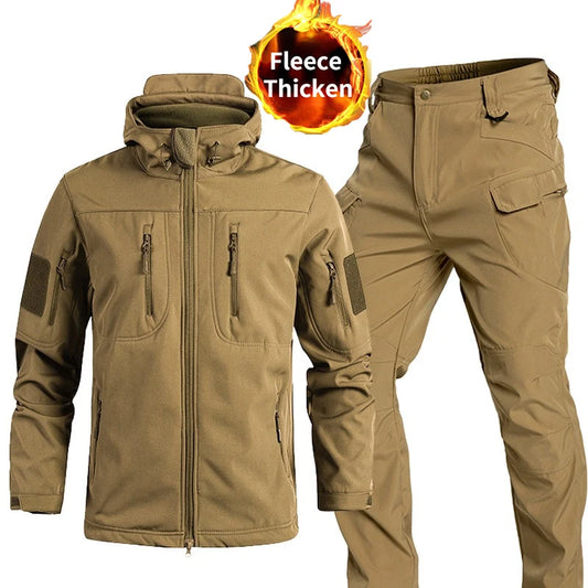 Men's Sets Jackets Winter Pants Water Resistant Coats Fleece Lined Hooded Snowboard Softshell Tactical Pants with Multi-Pockets