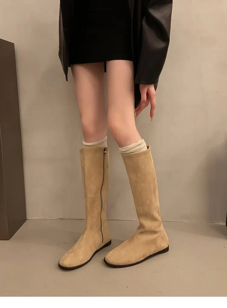 Comemore Long Boots Women's Shoes 2025 New Autumn and Winter Solid Color Botas Flat Bottom Round Head Knee High Boots for Women