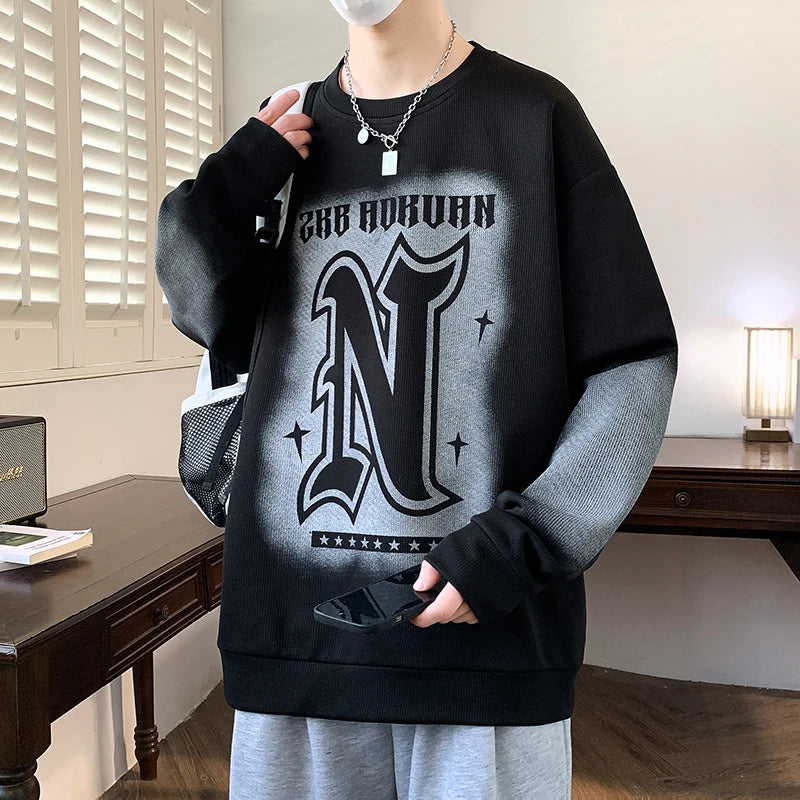 Trendy Men's Hoodie Fashionable Round-Neck Loose Casual Sweatshirt for Spring and Autumn Comfortable Youthful and Dynamic Top