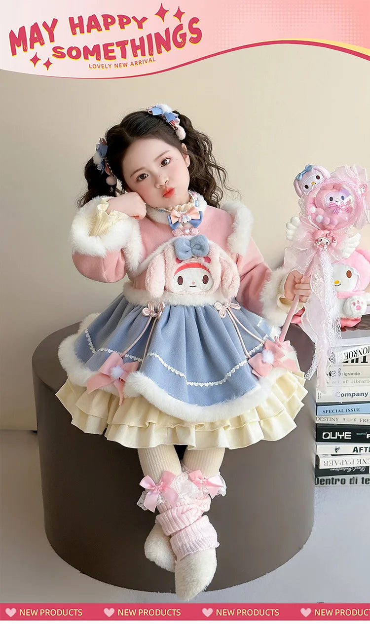 Anime My Melody Lolita Princess Dress Girl Bow Decoration Party Dress Ruffled Tutu Skirt Fleece-Lined Layered Dress Ball Gown