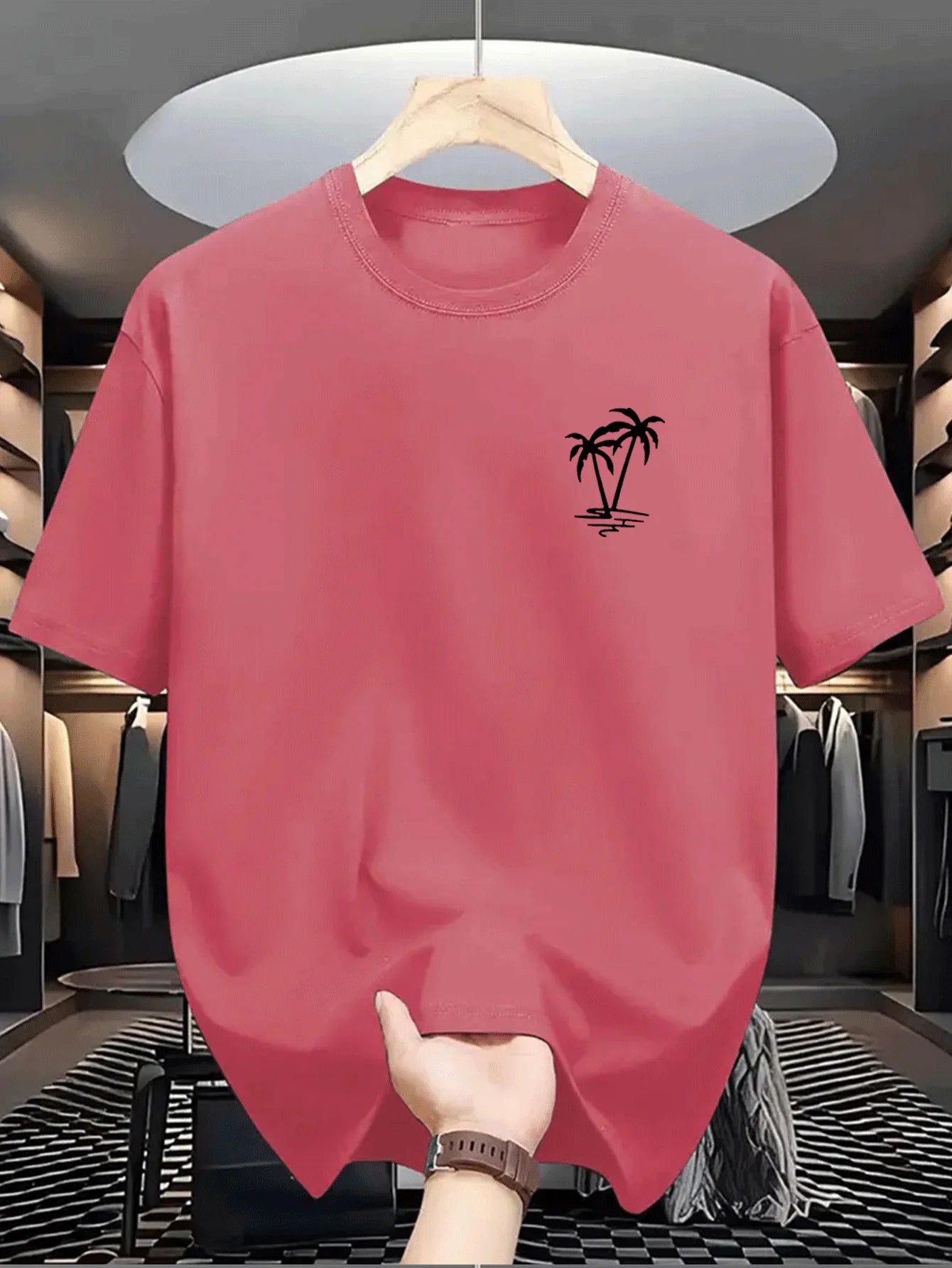 Men's summer  cotton fashionable casual loose coconut tree pattern printed sports round neck short sleeved T-shirt top