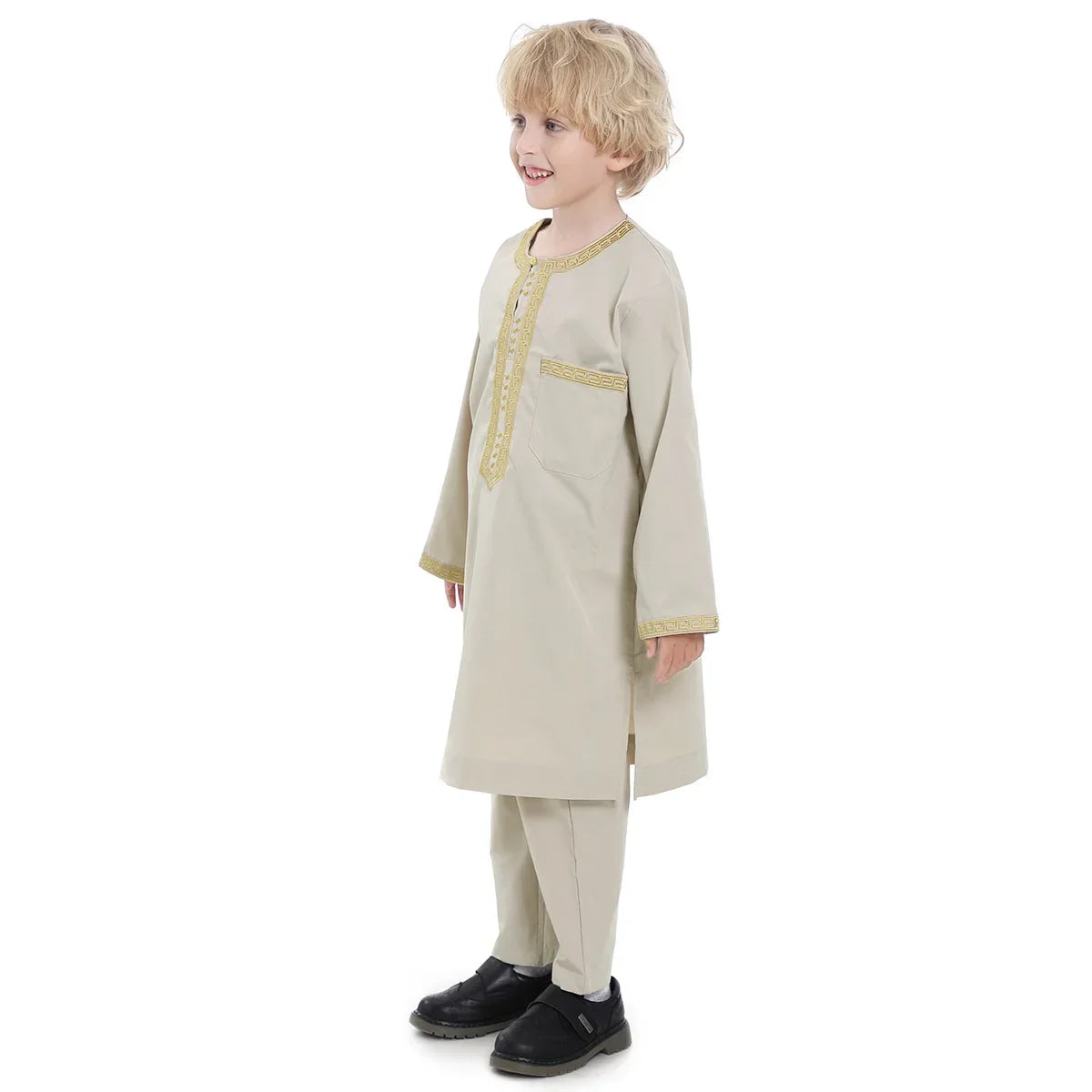 Muslim Children Robe 2 Pieces Set Kids Boy Round Neck Long Sleeve Printed Dress Shirt Abaya Kaftan Jubba Thobe Islamic Clothing