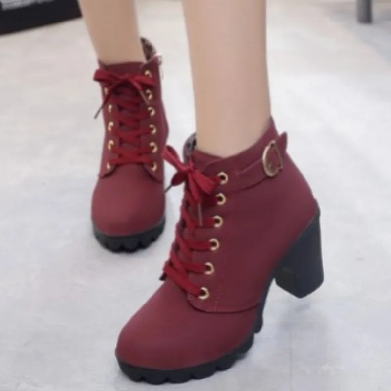 Boots Women Shoes Women Fashion High Heel Lace Up Ankle Boots Ladies Buckle Platform Artificial Leather Shoes bota feminina 2024