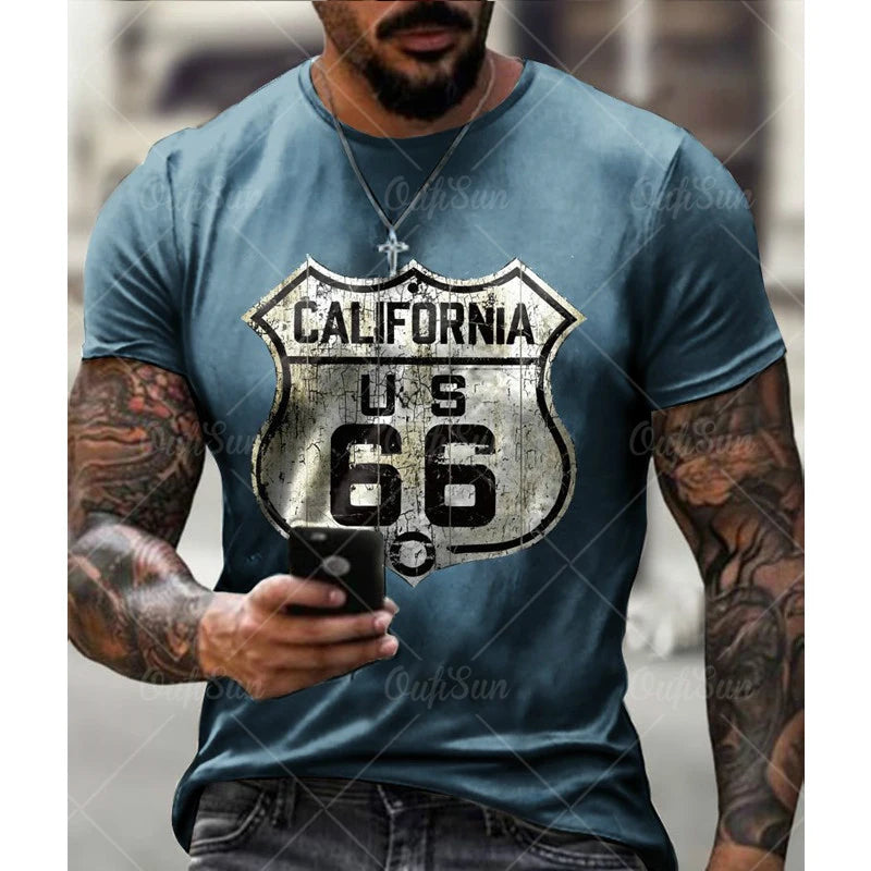 Retro America Route 66 3D Printed Men's T-shirts Vintage Loose Men Clothing Summer Round Neck Short Sleeve Unisex Tops Tees 4XL