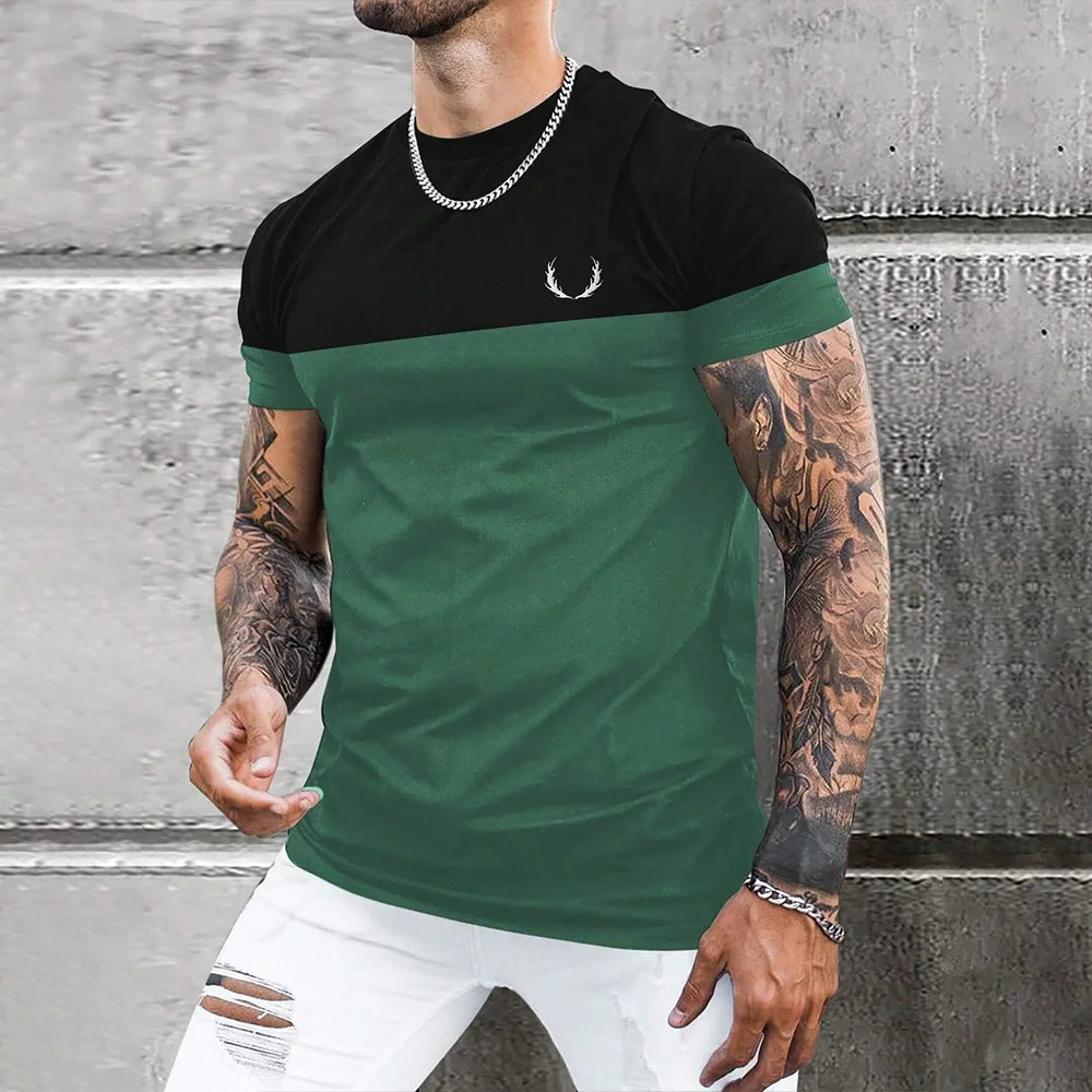 2025 Fashion Men's Color Blocking Printed T-Shirt Casual Street Male Crew Neck Short Sleeve T Shirt Large Size Menswear Clothing