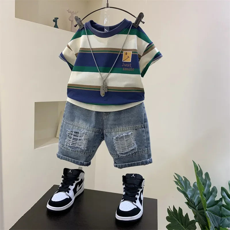 Korean Baby Boys Summer Sets Children's Clothing Short-Sleeved Letter T-Shirt & Denim Shorts Kids Boys Outfits Clothes 2-11Y