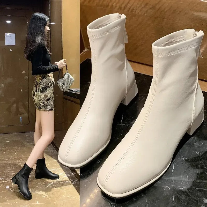2025 New Elastic Socks Boots Women's Ankle Boots High Heels Thick Heels Square Toe Short Boots Retro Women's Shoes Botas Mujer