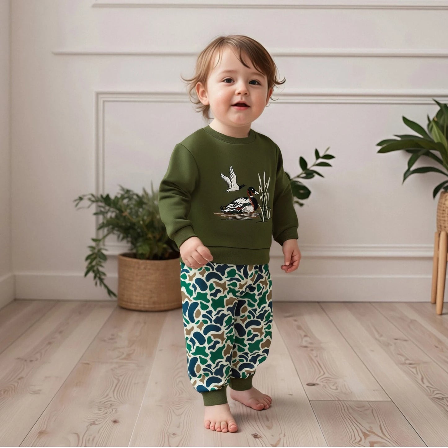 FOCUSNORM 0-4Y Casual Kids Boys Fall Clothes Sets Duck Embroidery Long Sleeve Round Neck Pullover + Camouflage Pants