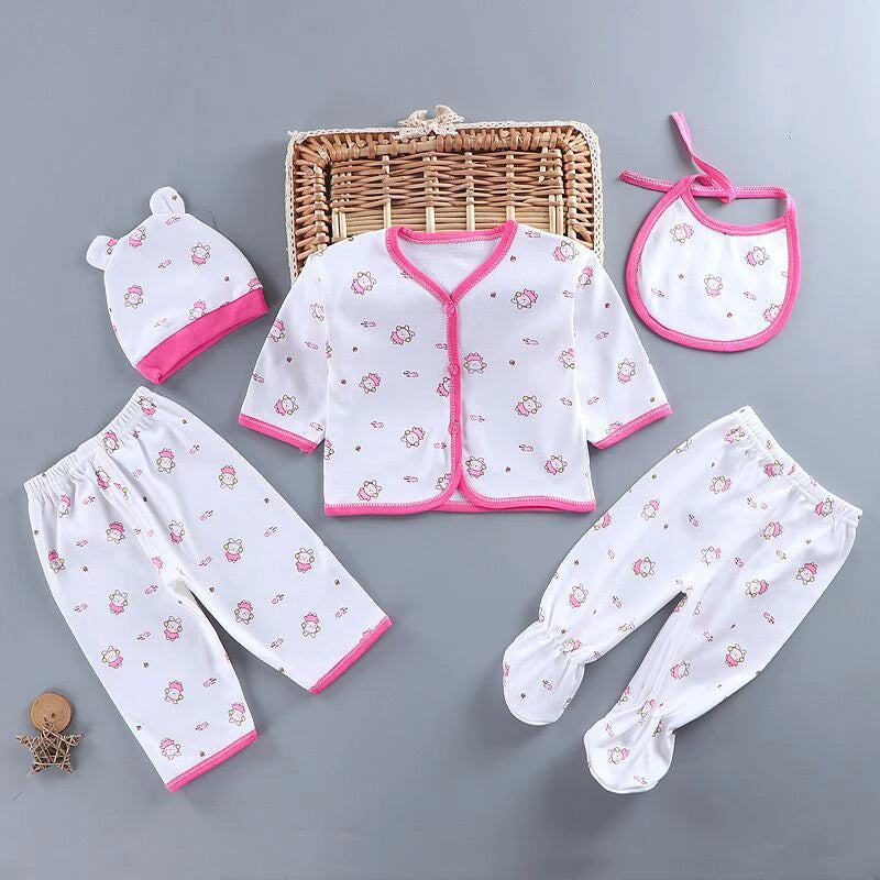 5Pcs/Set Newborn Baby Girl Clothes Set Cotton Soft Underwear Infant Boy Outfit Children Girl Top+2Pant+Bib+Hat Toddler Clothing