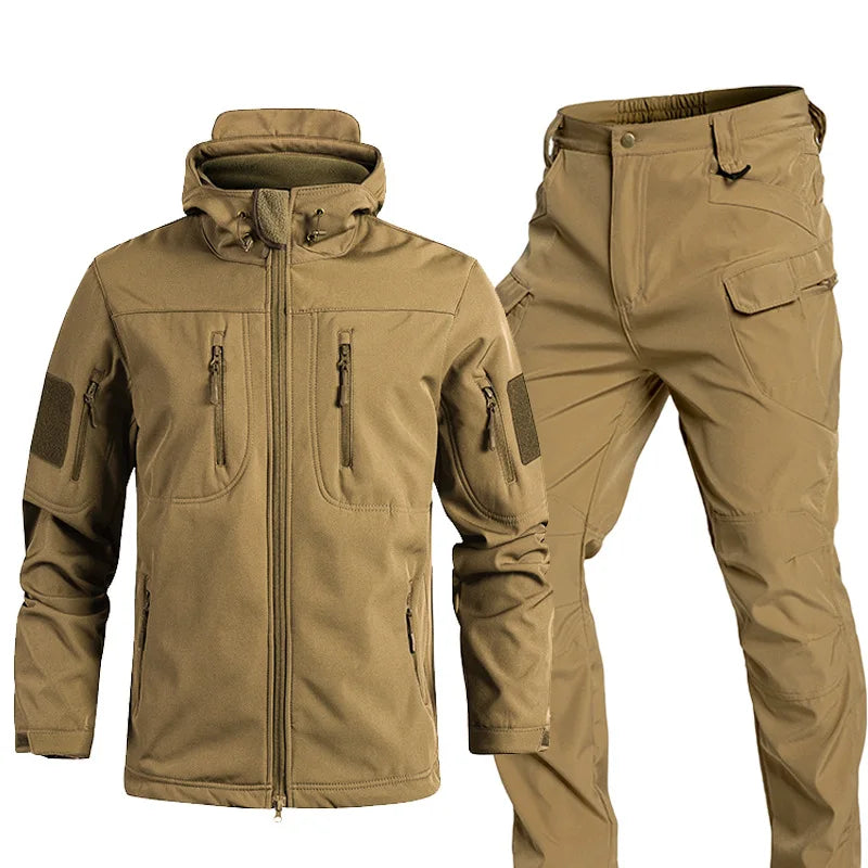 Men's Sets Jackets Winter Pants Water Resistant Coats Fleece Lined Hooded Snowboard Softshell Tactical Pants with Multi-Pockets