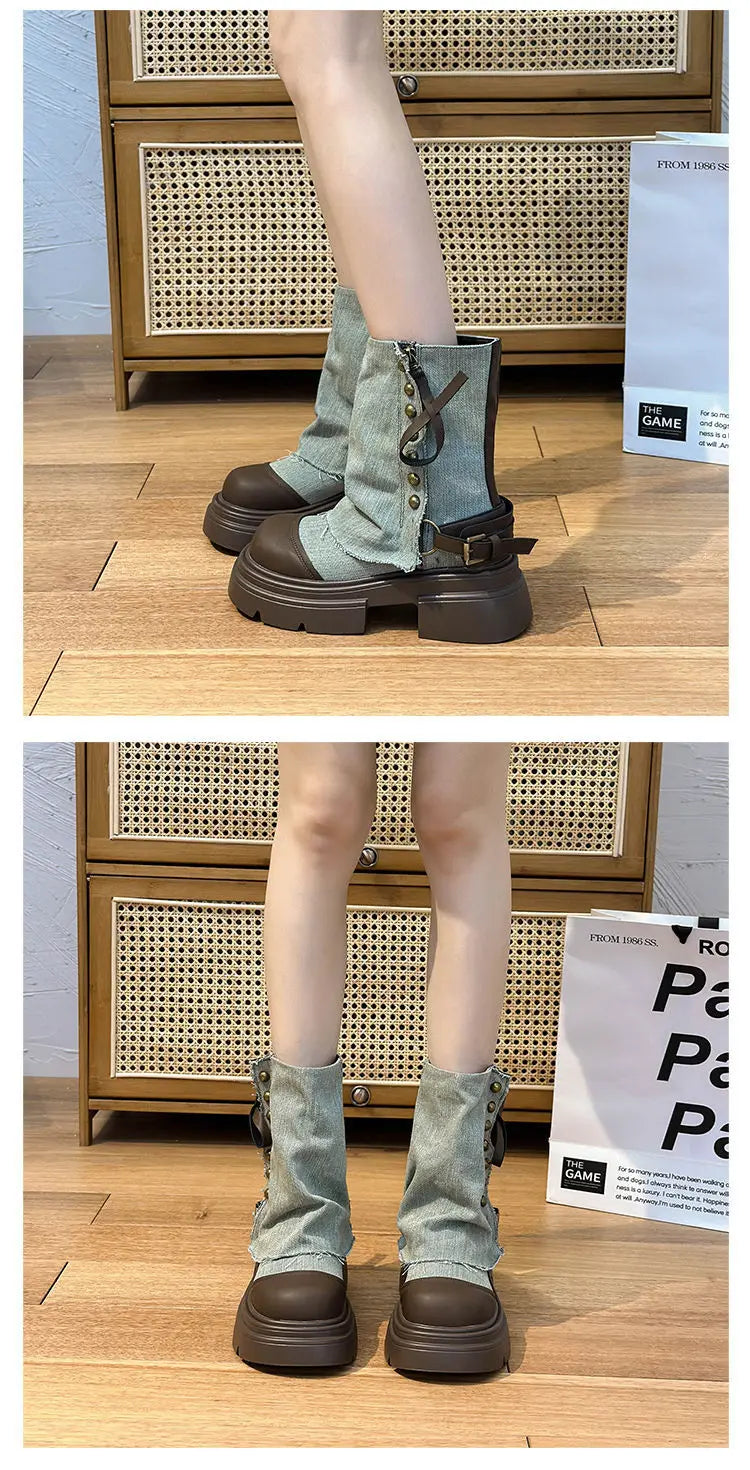 Women Boots British Fashion Pants Leg Boots  New Thick Soled Rivet Zipper Belt Buckle Platform Anti Slip Cowboy Short Boots