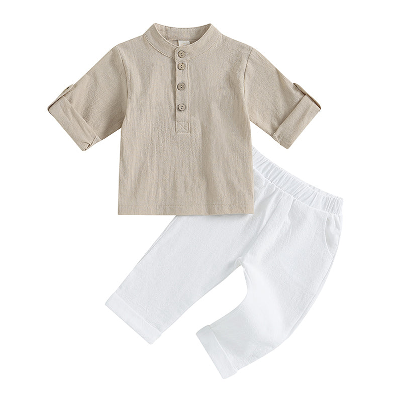 Pudcoco Kid Baby Boys Summer Outfits Solid Color Buttons Short Sleeve Shirts and Elastic Waist Long Pants 2Pcs Clothes Set 6M-4T