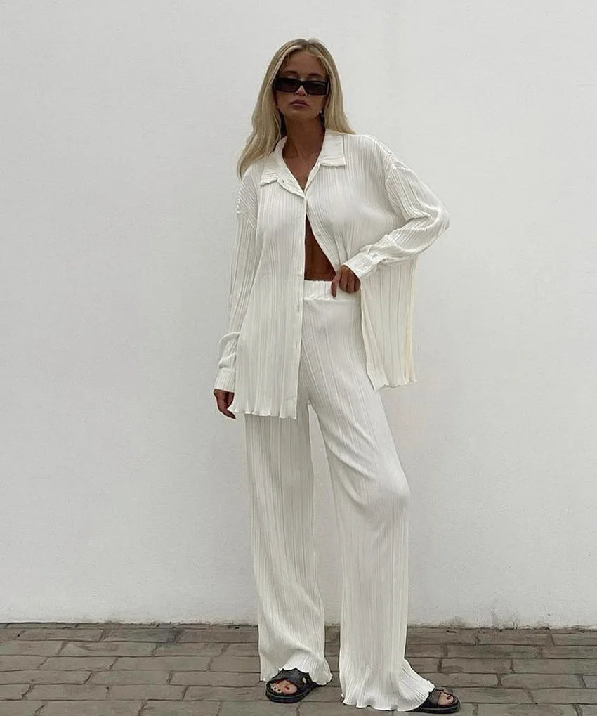 CM.YAYA Pleated Women's Set Long Sleeve Shirt Tops and Straight Wide Leg Pants Elegant Tracksuit Two 2 Piece Set Fitness Outfits