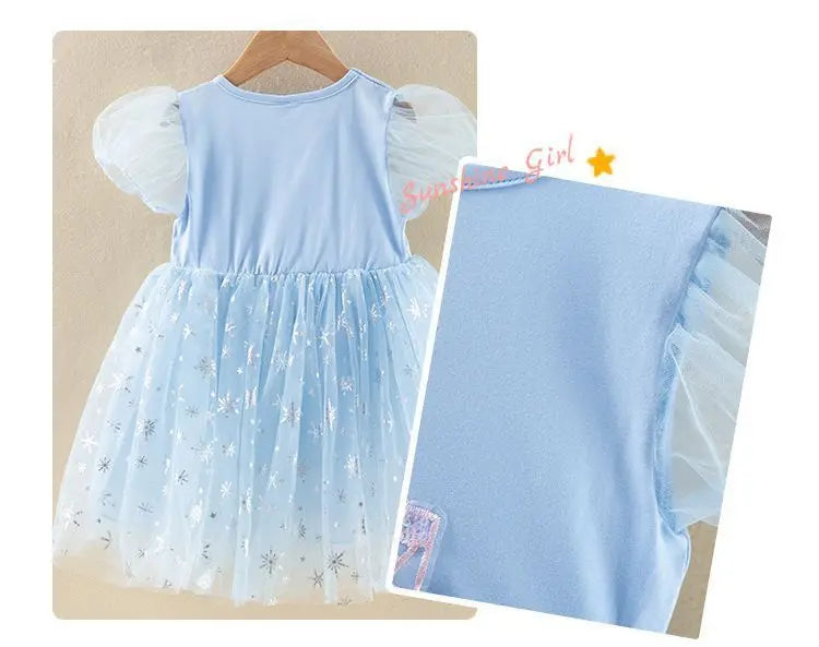New Disney Girls DressShort Sleeve Kids Clothes  Princess Dresses Frozen Elsa Party Baby Dresses for Children Clothing
