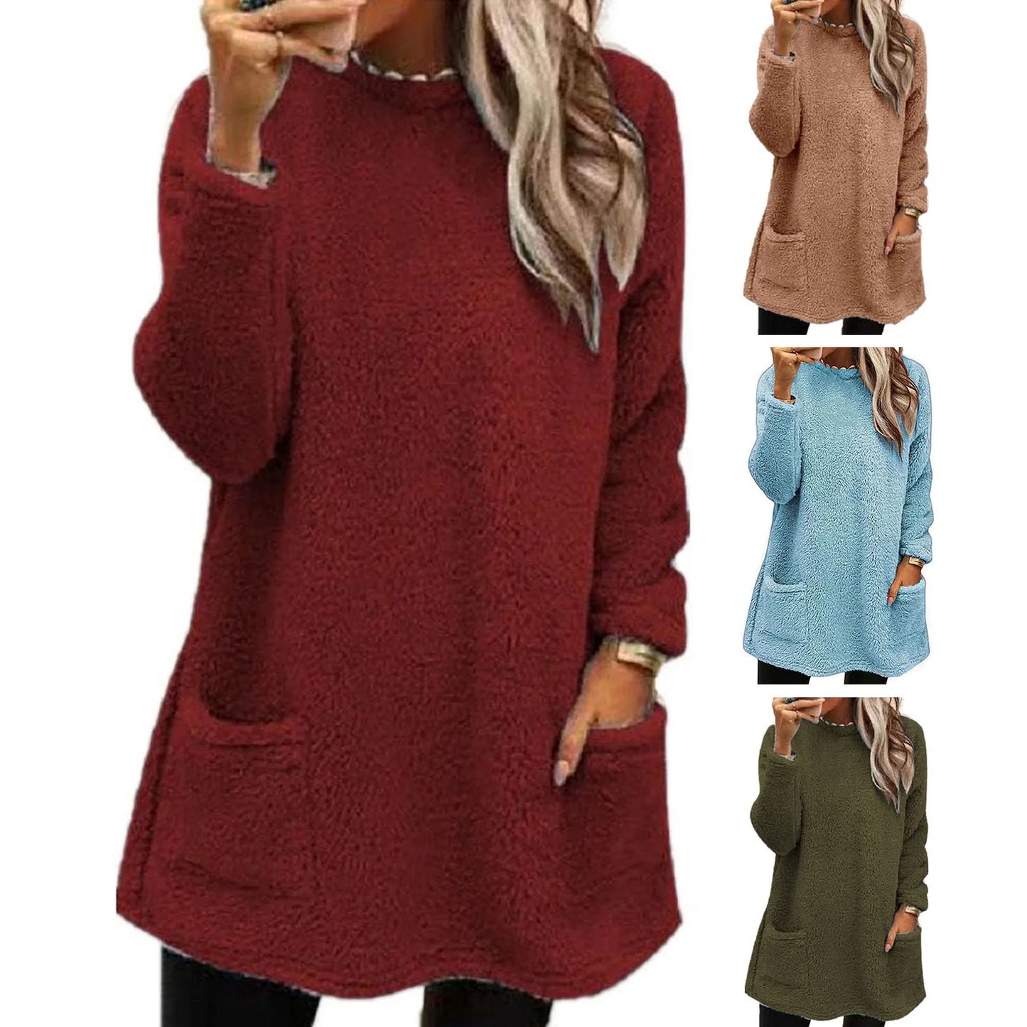 Autumn Winter Casual Women Solid Color Crew Neck Long Sleeve Sweatshirt Pullover