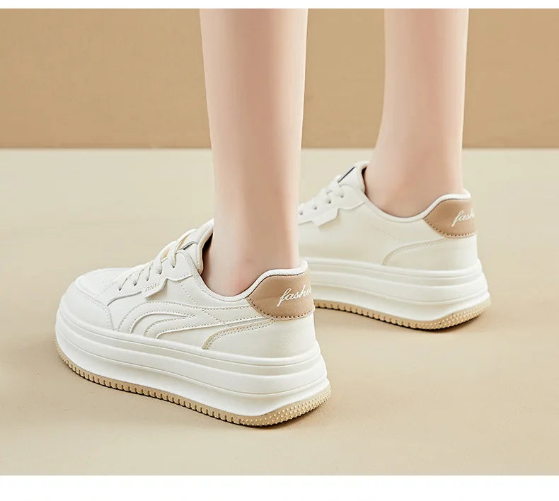Women's White Shoes2025Autumn New Thick-Soled Platform Shoes Leather Surface All-Season Casual Sports Shoes for Women