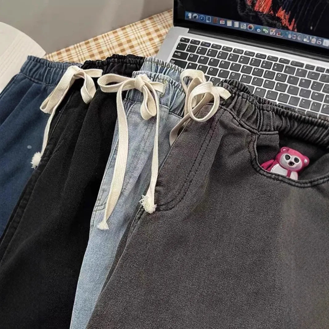 Spring Summer Loose Straight Leg Jeans Women's Versatile Elastic Waist Wide Leg Pants Long Trousers Casual Style High Waist