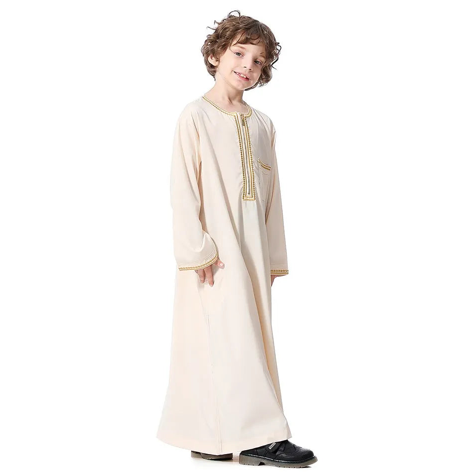 2025 New Children Thawb Teens Summer Muslim Robe Kids Arab Folk Clothes Boys Solid Color Thobe 5-14 Years National Outfit