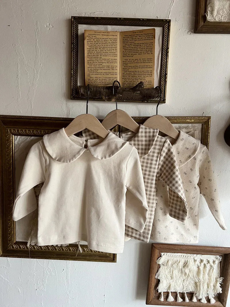 2025 Autumn New Baby Long Sleeve Cotton T Shirts Infant Plaid Floral Cute Girls Tops Kids Versatile Casual Lapel Bottoming Shirt