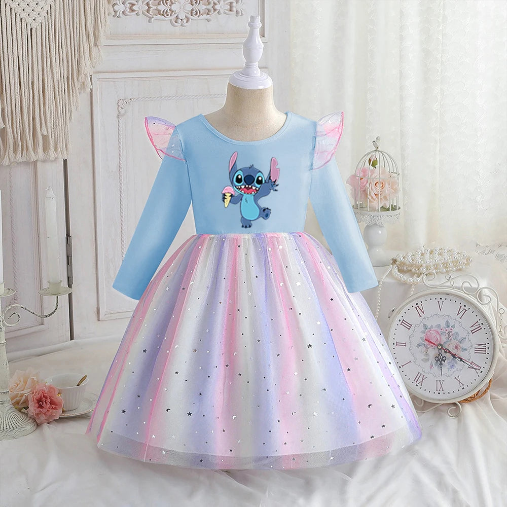 Stitch Princess Dress Autumn New Disney Baby Girls Dress Spring Autumn Long-sleeved For Children Kids Clothes Birthday Party