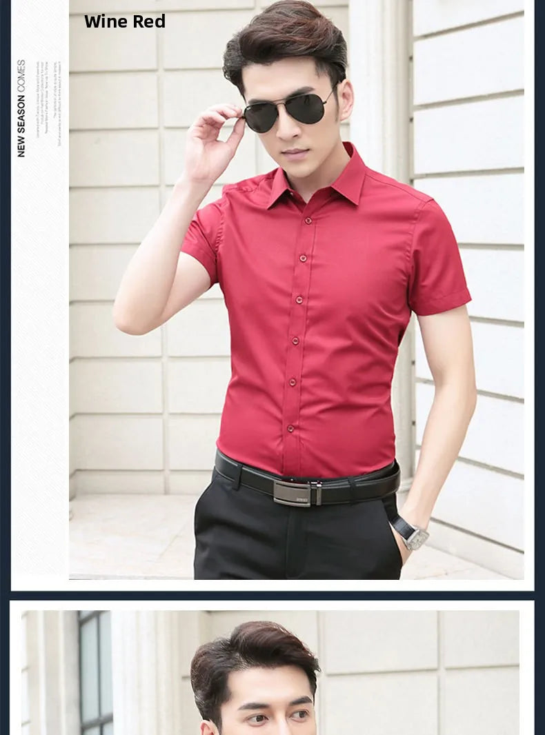 Professional Mens Short Sleeve Shirt White Business Casual Slim Fit Japanese Retro Style Polyester Fiber Printed Shirt for Youth