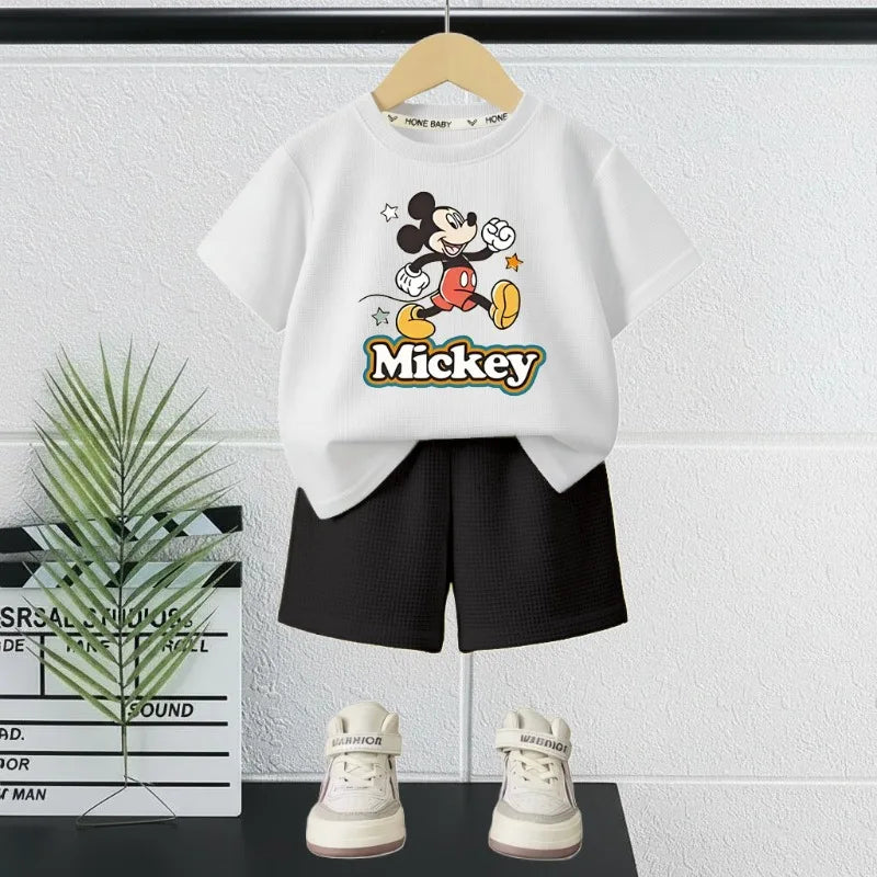 DISNEY Mickey Printed Summer Boys Casual Outfits Children Breathable T Shirt and Short Bottom Two Piece Set Kids Shorts Set New