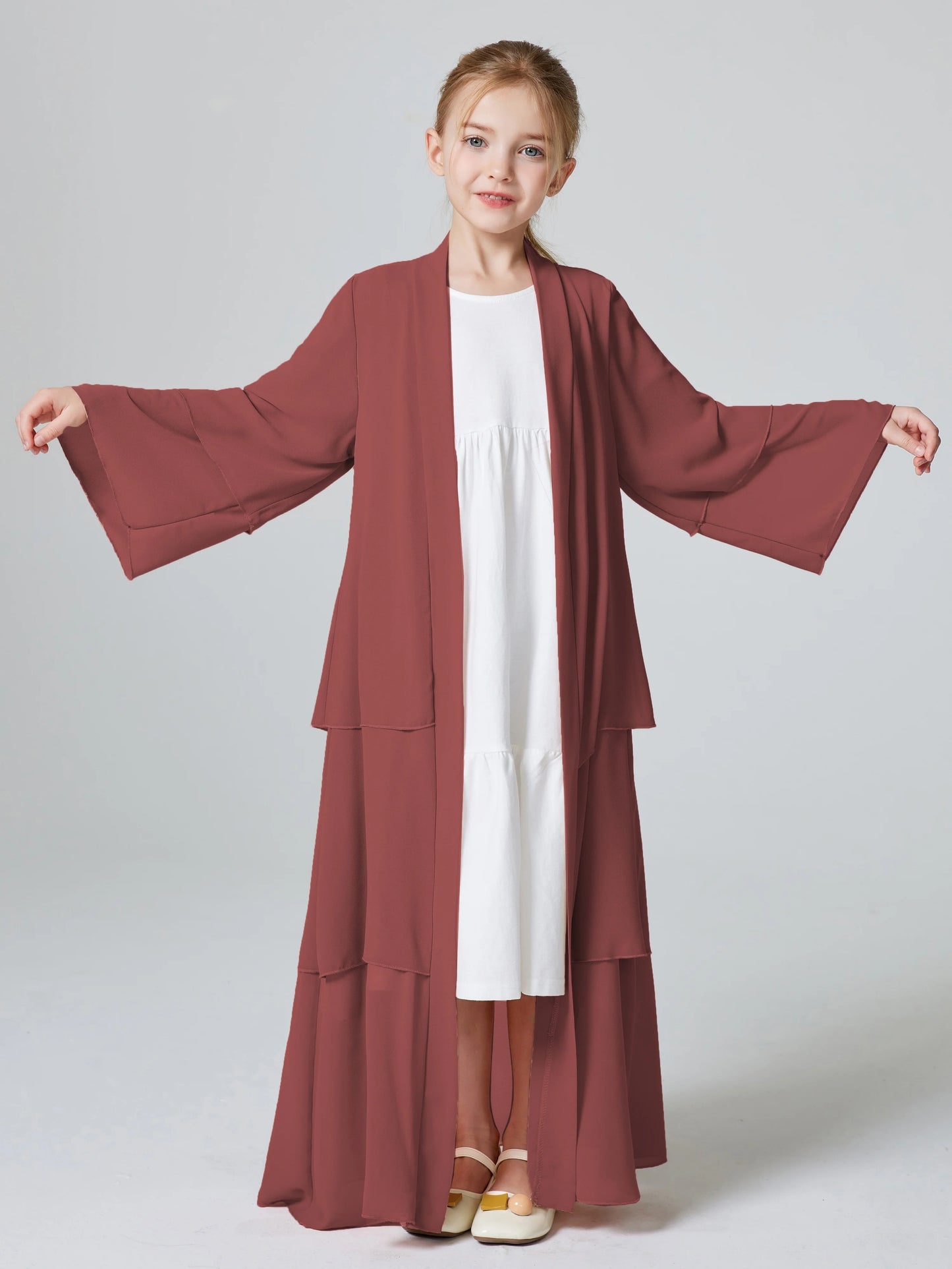 Ramadan Kebaya Muslim Girls Abaya 3 Layered Chiffon Kids Abaya Dress Open Front   Outerwear (Without Hijab)