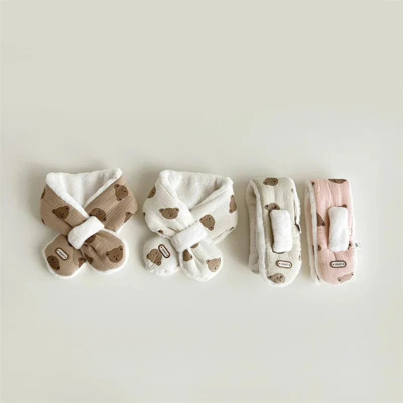 Cute Bear Baby Scarfs Winter Fleece Neck Warmer Cross Scarves for Girls Boys Toddler Kids Warm Accessories Korean 1-6 Years Old