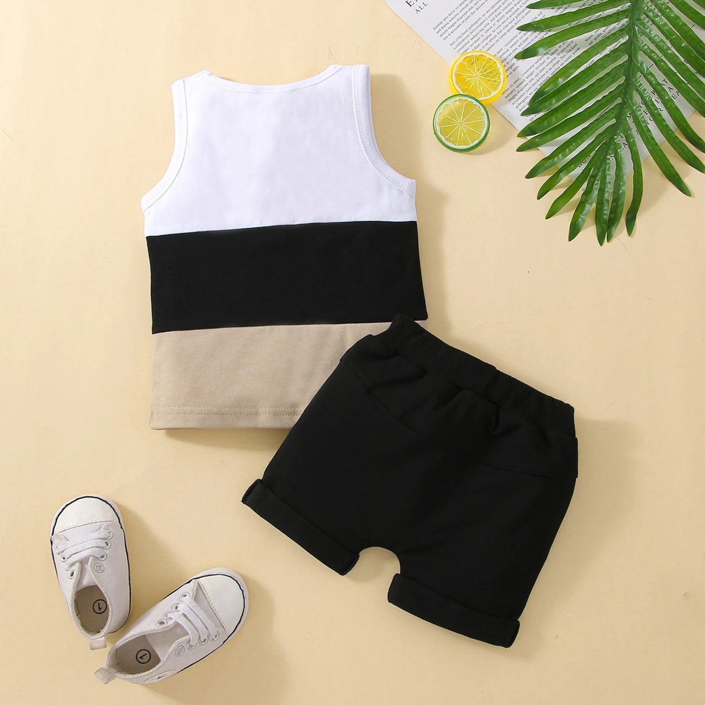 Infant Baby Boys 2PCS Pants Suit, Sleeveless Patchwork Crew Tank Tees + White Straps Short Pants, Toddler Boys Casual Outfit