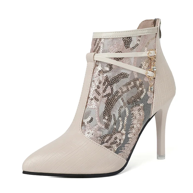 Boots Shoes Round Toe Boots-Women Zipper High Heel Lolita Rubber Pointy 2024 Ladies Ankle Rock Solid Spring Lace-Up PU Retro Po