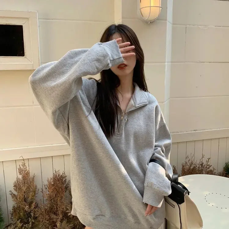 Gray Sweatshirt Women's Loose Polo Collar Lazy Style Autumn Winter New Arrival Missing Bottom Outerwear Long Length Female