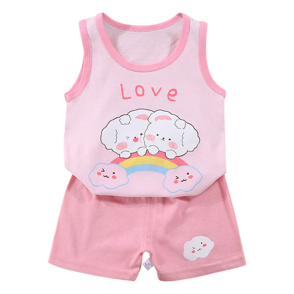 2 Pcs Summer Children's Animal Cartoon Print Vest Sets Girls Clothes Baby Korean Thin Boys Kids Sleeveless Casual Clothing Sets